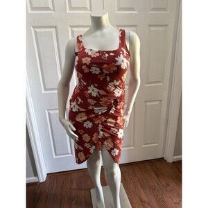 Red Floral Midi Dress Women’s Ruched Ring Slit Summer Vacation Cocktail Dress L